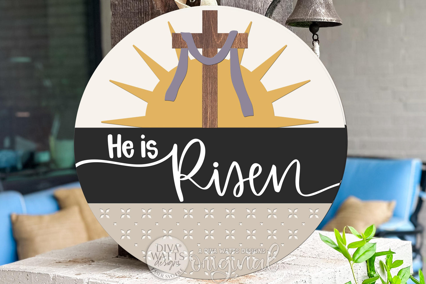 He Is Risen SVG Round Door Hanger Easter Christian Laser Cut File Sunrise Cross Porch Sign Digital Download for DIY Church Decor