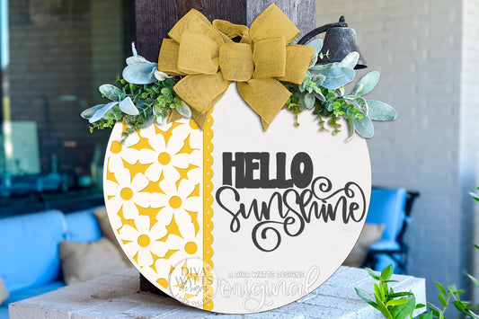 Digital SVG file of a Hello Sunshine round door hanger laser cut design, available as an instant download. This layered SVG features a round DIY sign layout with a decorative floral panel and bold script text, designed for laser cutting and easy assembly. Ideal for creating a custom round door hanger, porch décor, or summer welcome sign. This digital file allows makers to cut, paint, and assemble their own sign using a laser machine. No physical item included.