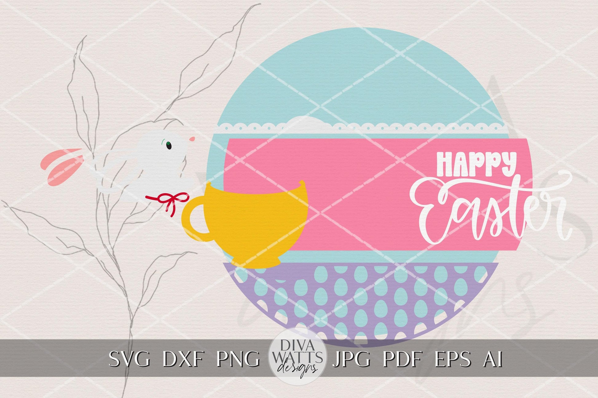 Happy Easter Bunny Door Hanger SVG, Easter Round Door Sign Laser Cut File, Bunny in Cup Spring Porch Decor DIY Glowforge File