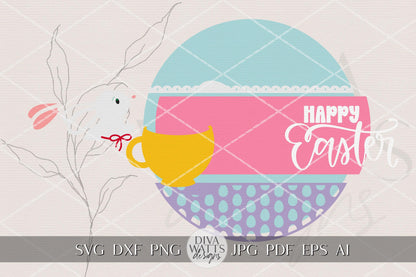 Happy Easter Bunny Door Hanger SVG, Easter Round Door Sign Laser Cut File, Bunny in Cup Spring Porch Decor DIY Glowforge File