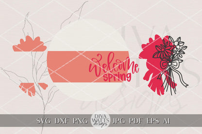 Welcome Spring SVG Round Door Hanger Laser Cut File Floral Bow Porch Decor Spring Welcome Sign Digital Download for DIY