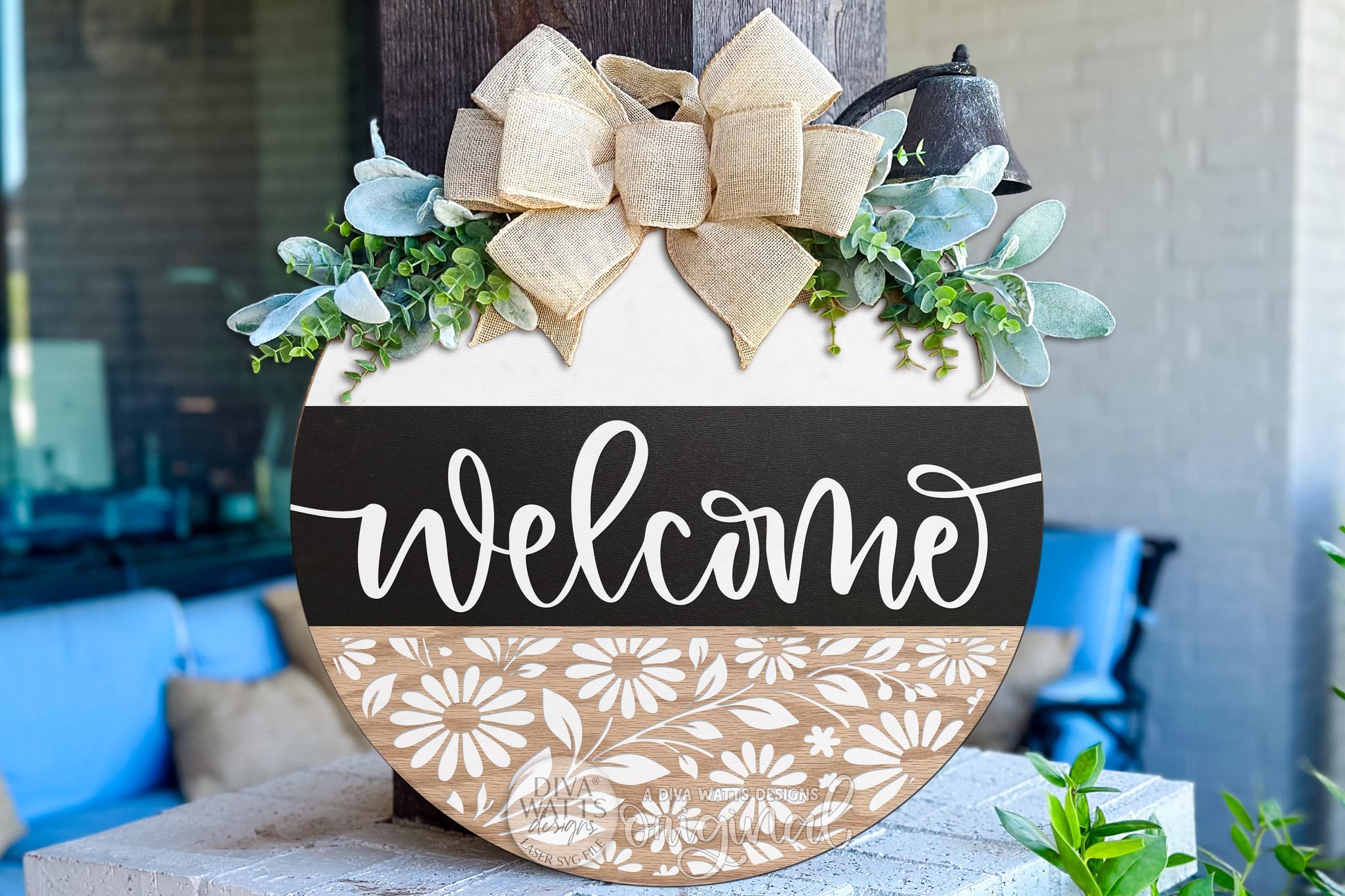 Digital SVG file instant download of a round Welcome door hanger laser cut design with layered script text and floral cutout detail. This SVG laser cut file is designed for DIY porch décor and entryway signs. Use this digital file to create your own round door hanger, seasonal sign, or everyday welcome décor using a laser machine. Perfect for makers creating custom wood signs and home décor projects.