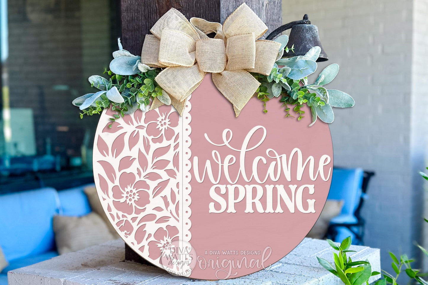 Digital SVG file instant download of a Welcome Spring round door hanger laser cut design featuring floral lace detail and script lettering. This digital laser cut design allows you to create your own spring porch décor, seasonal round sign, or DIY entryway decoration using a laser machine.