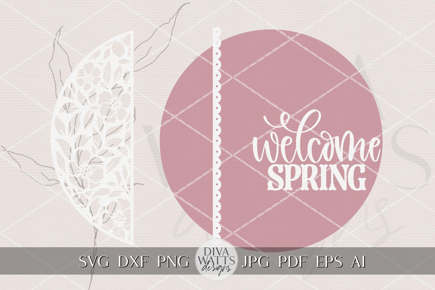 Welcome Spring Round Door Hanger SVG File | Spring Door Sign Laser Cut Design | Floral Lace Spring SVG for Porch Decor Glowforge