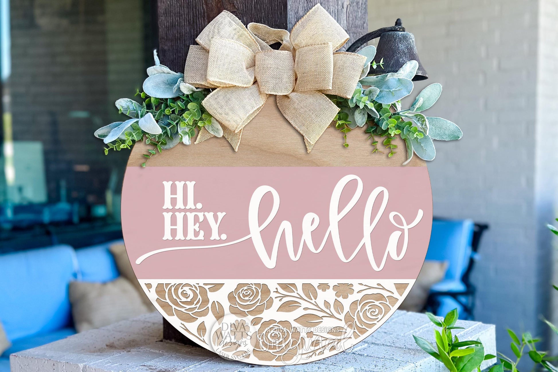 Digital SVG file instant download of a Hi Hey Hello round door hanger laser cut design with layered script text and floral cutout detail. Create your own DIY porch sign, entryway décor, or custom round door hanger using this laser-ready digital file.