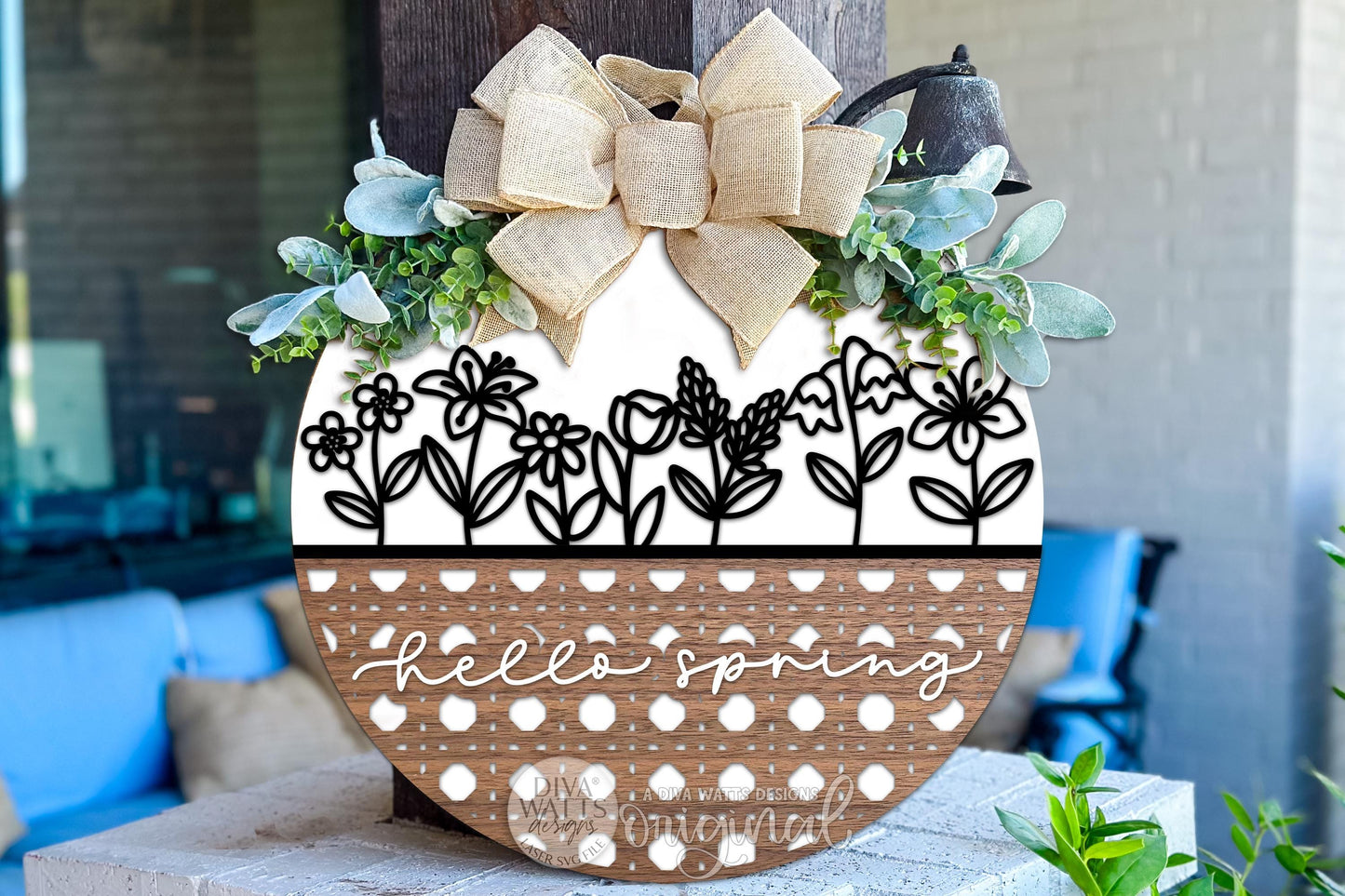 Digital SVG file of a round “Hello Spring” floral door hanger design featuring layered flowers in a garden style. This instant download laser cut design is intended for DIY spring porch décor and seasonal entryway signs. Buyers can create their own round door hanger using a laser machine, paint, and assembly of their choice. SVG, DXF, PNG, EPS, PDF, JPG, and AI files included.