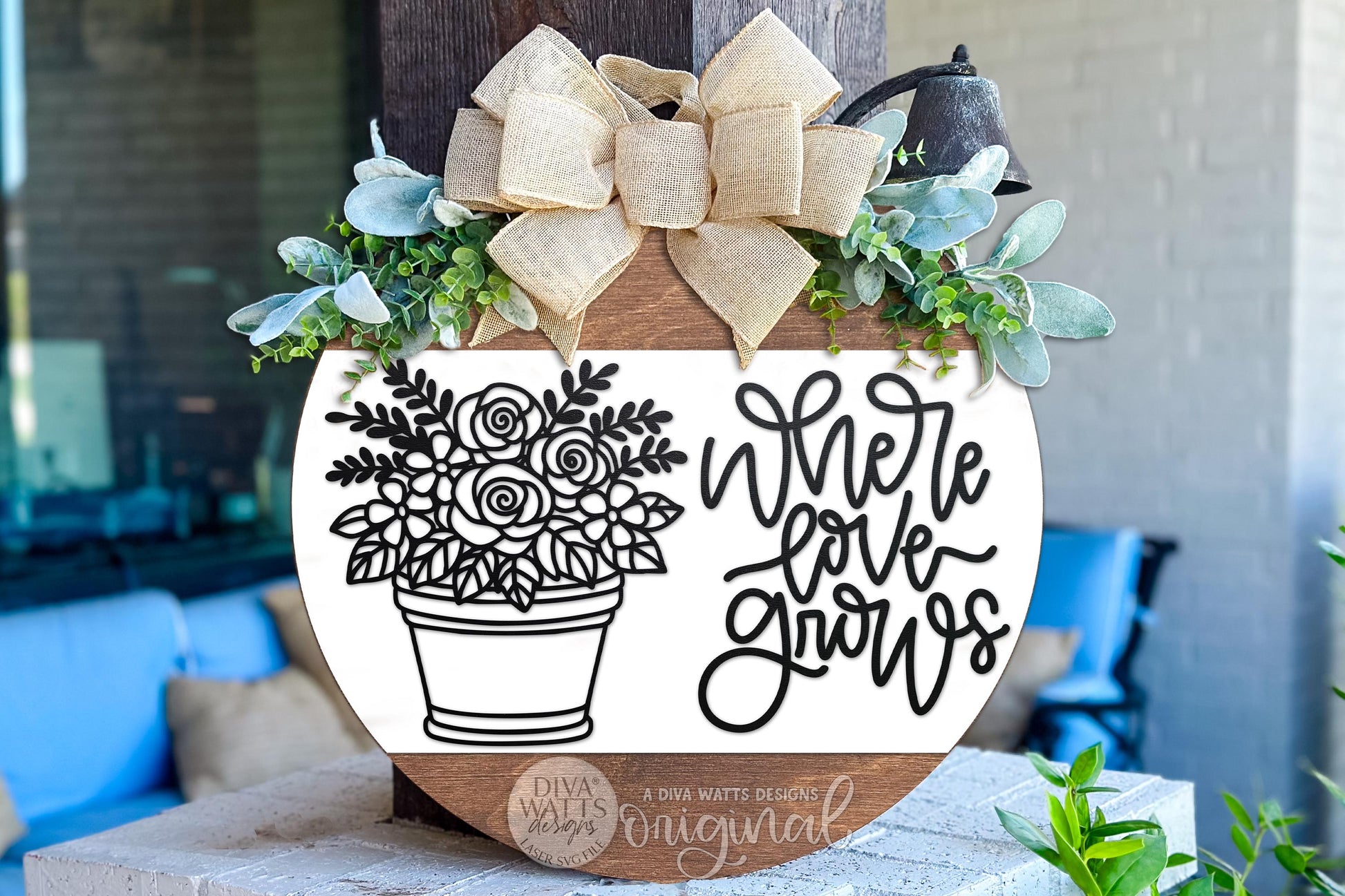 Digital SVG file of a round “Where Love Grows” door hanger design featuring a floral potted plant and script lettering. This instant download laser cut design is intended for DIY porch décor and farmhouse-style entryway signs. Buyers can cut, paint, and assemble their own round door hanger using a laser machine. Includes SVG, DXF, PNG, EPS, JPG, PDF, and AI files for flexible crafting and seasonal home décor projects.