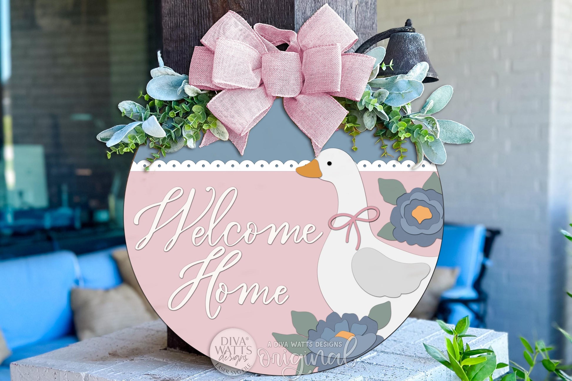 Digital SVG file for a Welcome Home goose round door hanger with a grandma core cottagecore and vintage country style. This instant download laser cut design features a layered goose illustration, soft floral accents, and classic script text sized for a round DIY porch sign. Designed for laser cutting, this digital file allows makers to create their own farmhouse-style door hanger, seasonal welcome sign, or everyday porch décor using their preferred materials and colors.