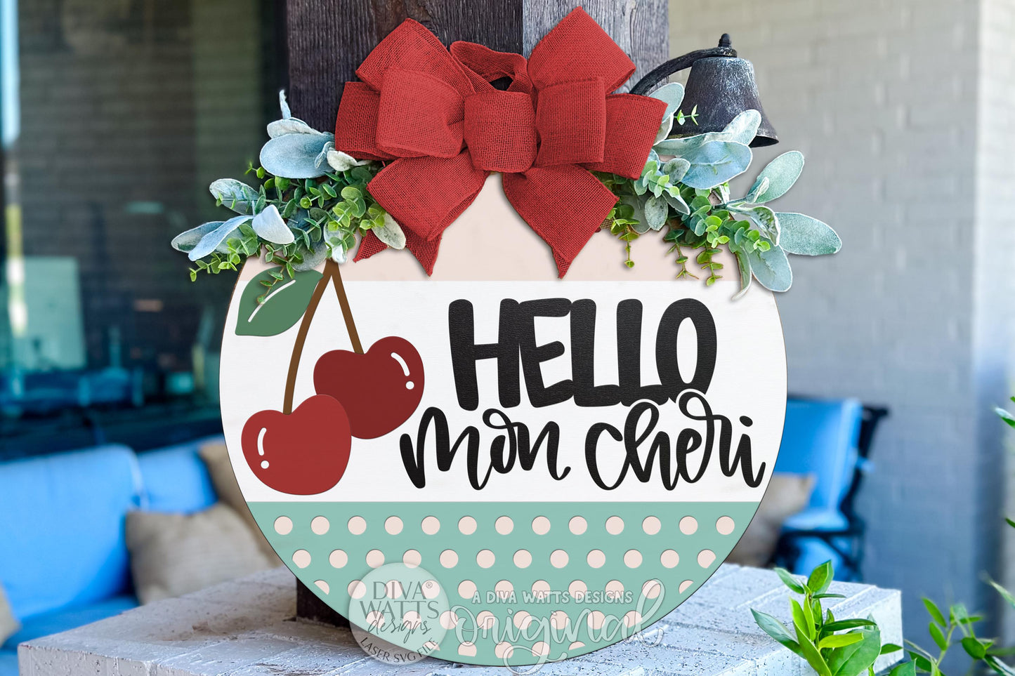 Hello Mon Cheri SVG Round Door Hanger Laser Cut File Cherry Welcome Sign French Inspired Porch Decor Summer Door Sign Digital Download