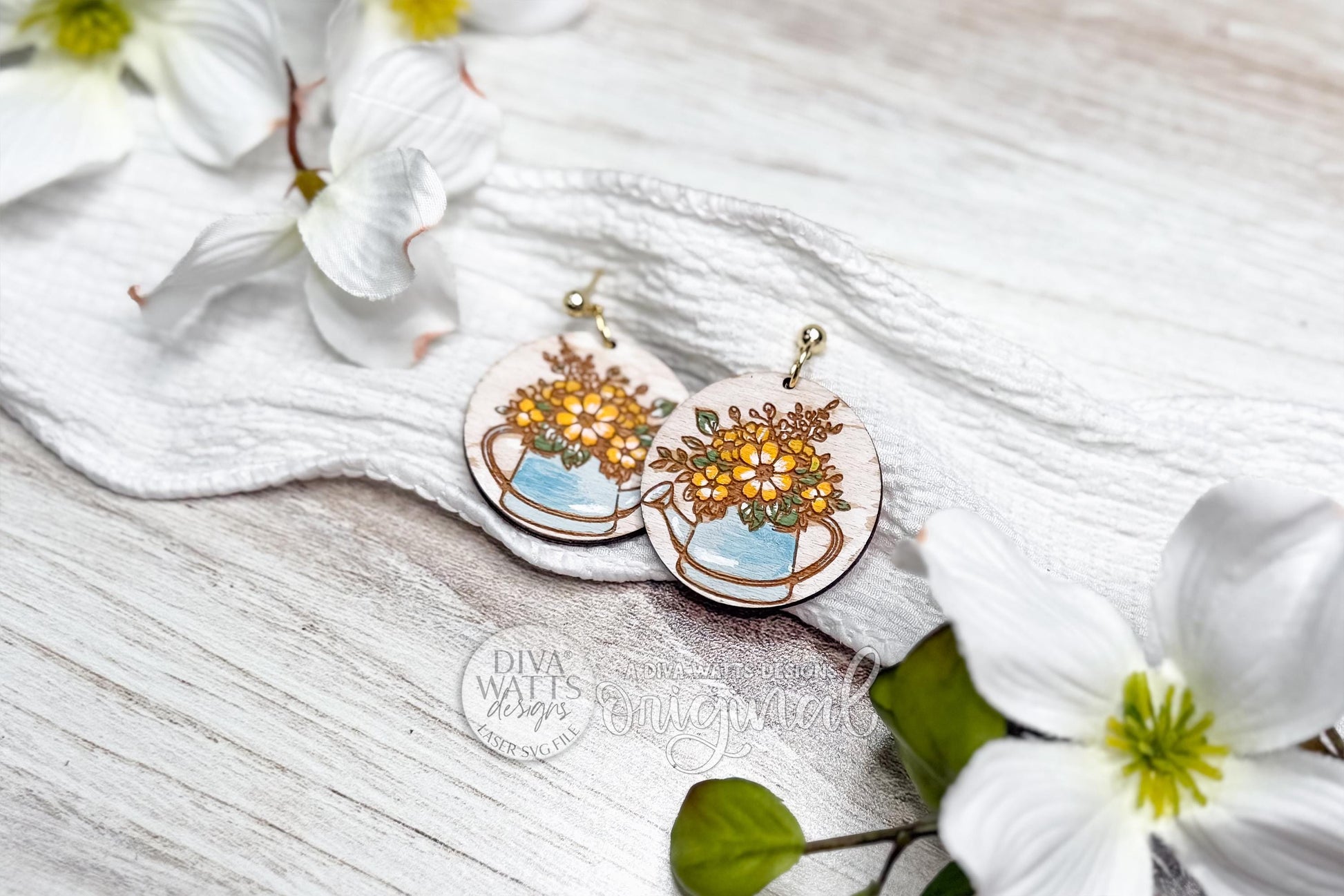 Daisy Watering Can Laser Earrings SVG Cut File Floral Garden Jewelry Wood Earrings Digital Download for Laser Cutting Only