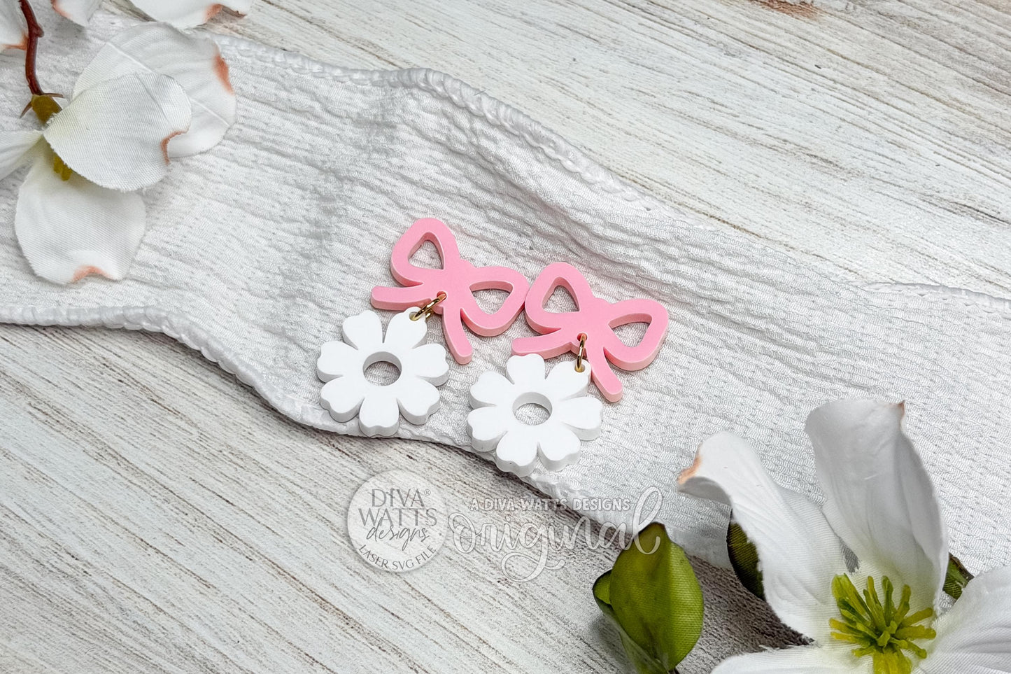 Digital SVG file of laser cut earrings featuring a bow-shaped top with a dangling daisy flower design. This instant download SVG is created specifically for laser cutting lightweight earrings from wood, acrylic, or leather. The fast and simple design is ideal for quick batch cutting, DIY laser earrings, spring floral jewelry, boutique accessory lines, and craft fair products. Digital SVG file only; no physical earrings included.