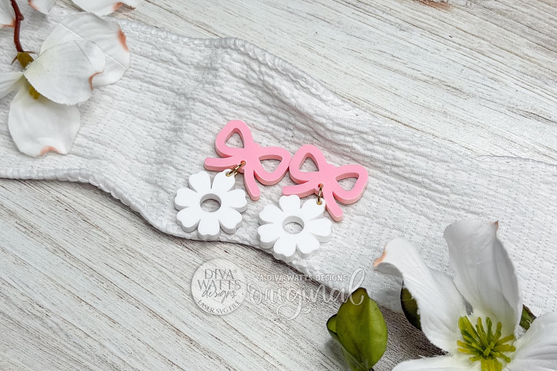 Digital SVG file of laser cut earrings featuring a bow-shaped top with a dangling daisy flower design. This instant download SVG is created specifically for laser cutting lightweight earrings from wood, acrylic, or leather. The fast and simple design is ideal for quick batch cutting, DIY laser earrings, spring floral jewelry, boutique accessory lines, and craft fair products. Digital SVG file only; no physical earrings included.
