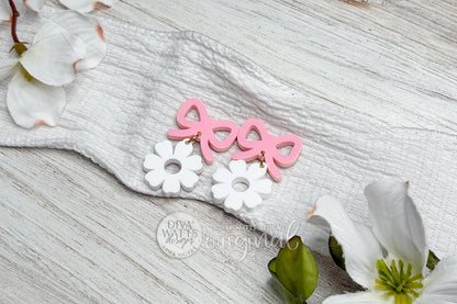 Digital SVG file of laser cut earrings featuring a bow-shaped top with a dangling daisy flower design. This instant download SVG is created specifically for laser cutting lightweight earrings from wood, acrylic, or leather. The fast and simple design is ideal for quick batch cutting, DIY laser earrings, spring floral jewelry, boutique accessory lines, and craft fair products. Digital SVG file only; no physical earrings included.