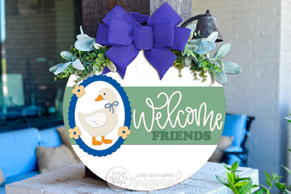 Digital SVG file instant download of a Welcome Friends goose round door hanger design in a cozy cottagecore and grandmacore farmhouse style. This laser cut design is created for DIY porch décor, round door signs, and seasonal or everyday displays. Buyers can customize colors and finishes to create their own warm, nostalgic sign using compatible laser machines and software.