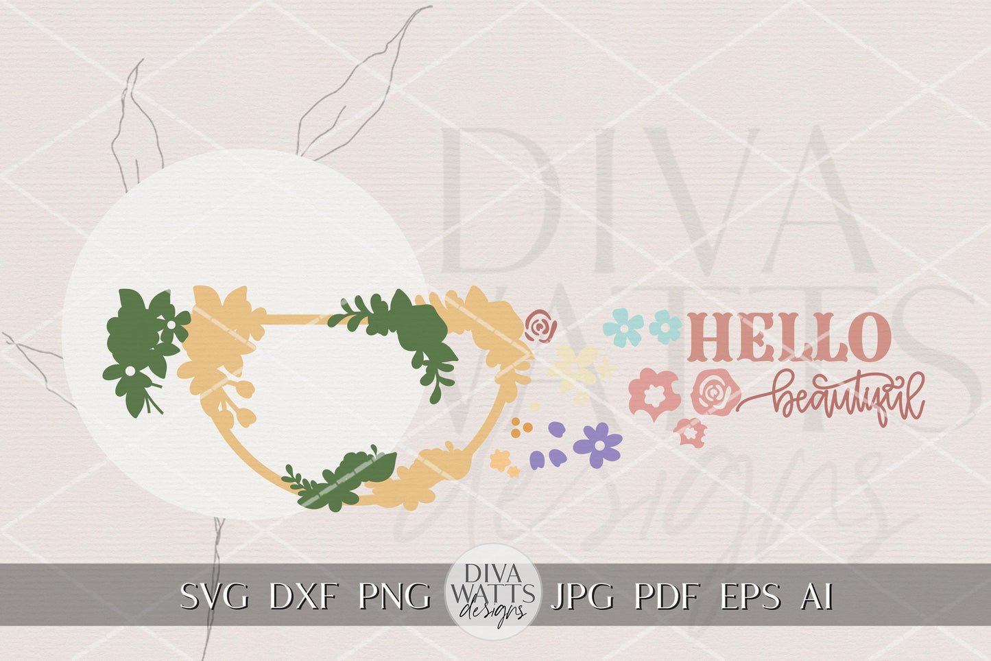 Hello Beautiful Round Door Hanger SVG Floral Laser Cut File for DIY Porch Sign Spring Summer Entryway Decor Digital Download