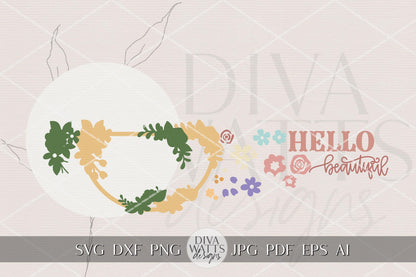 Hello Beautiful Round Door Hanger SVG Floral Laser Cut File for DIY Porch Sign Spring Summer Entryway Decor Digital Download