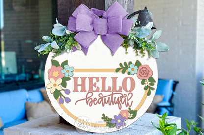 Hello Beautiful Round Door Hanger SVG Floral Laser Cut File for DIY Porch Sign Spring Summer Entryway Decor Digital Download