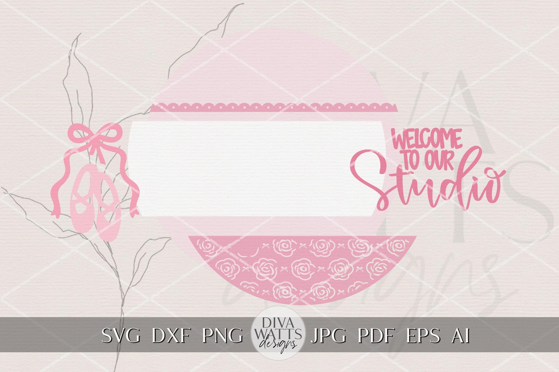 Welcome to Our Studio Round Door Hanger SVG Ballet Shoes Laser Cut File Pink Front Door Sign Digital Download for Dance Studio Decor
