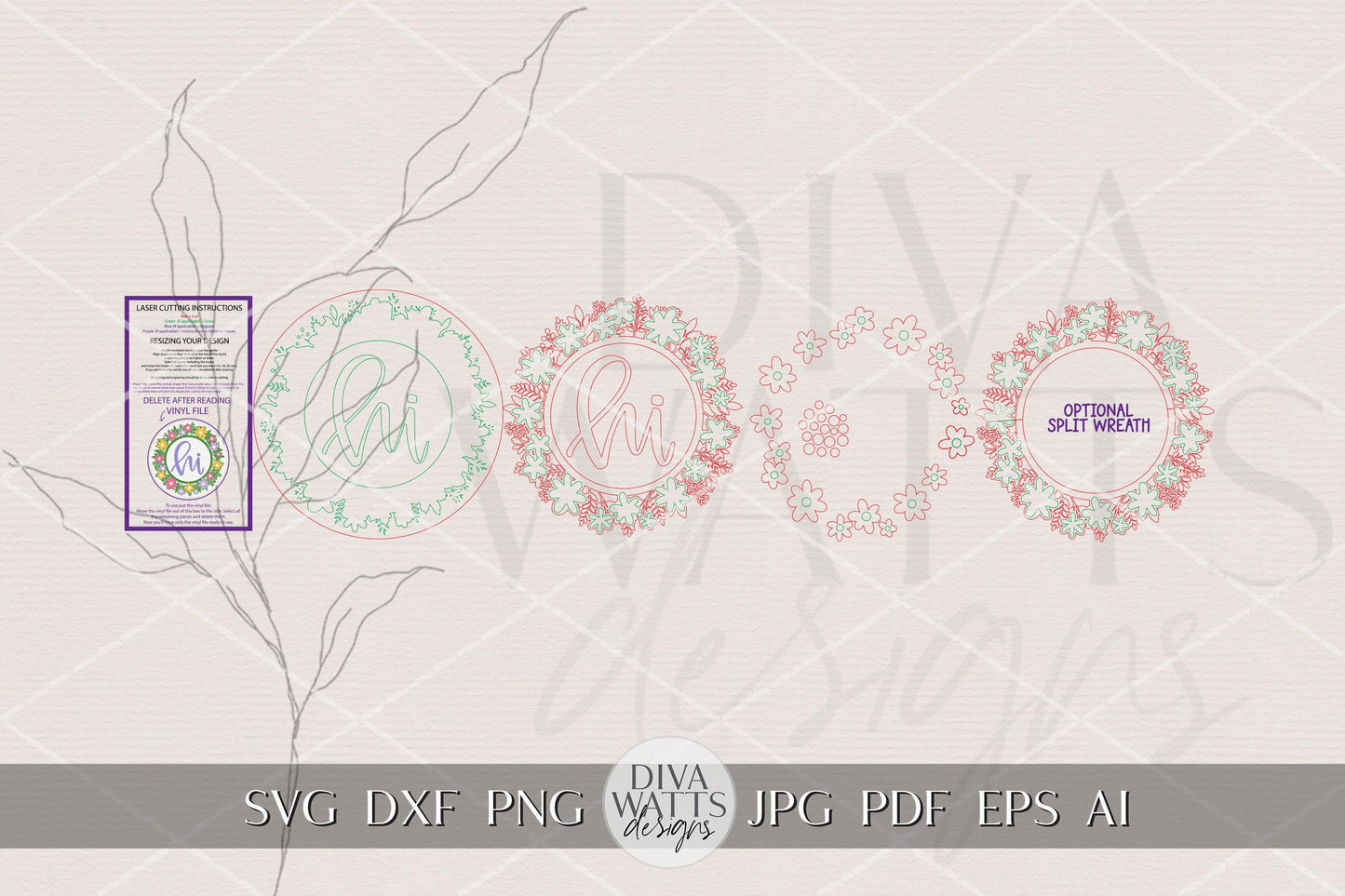 Spring Floral Round Door Hanger SVG for Laser Cutting, Hi Door Sign Design, Split Greenery Wreath Option, Porch Decor Laser Cut File