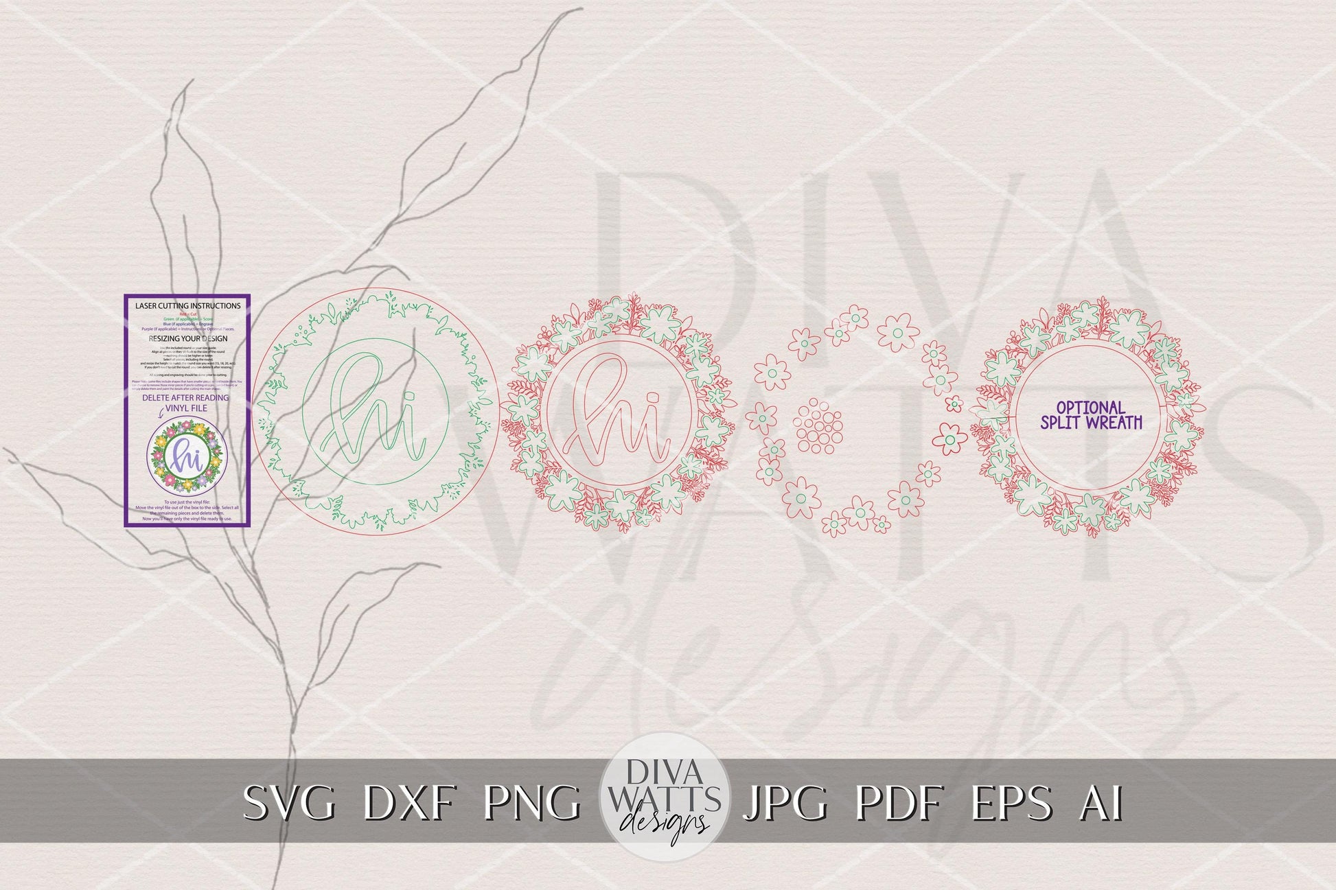 Spring Floral Round Door Hanger SVG for Laser Cutting, Hi Door Sign Design, Split Greenery Wreath Option, Porch Decor Laser Cut File
