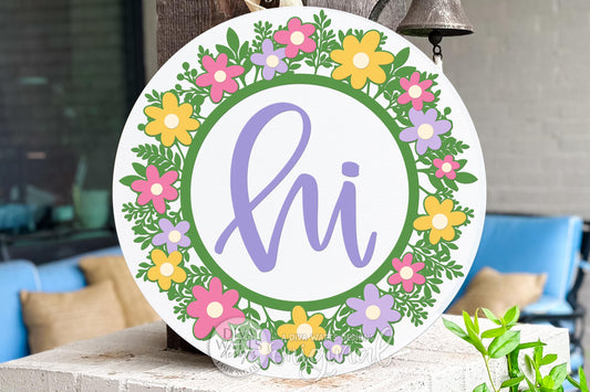 Spring Floral Round Door Hanger SVG for Laser Cutting, Hi Door Sign Design, Split Greenery Wreath Option, Porch Decor Laser Cut File
