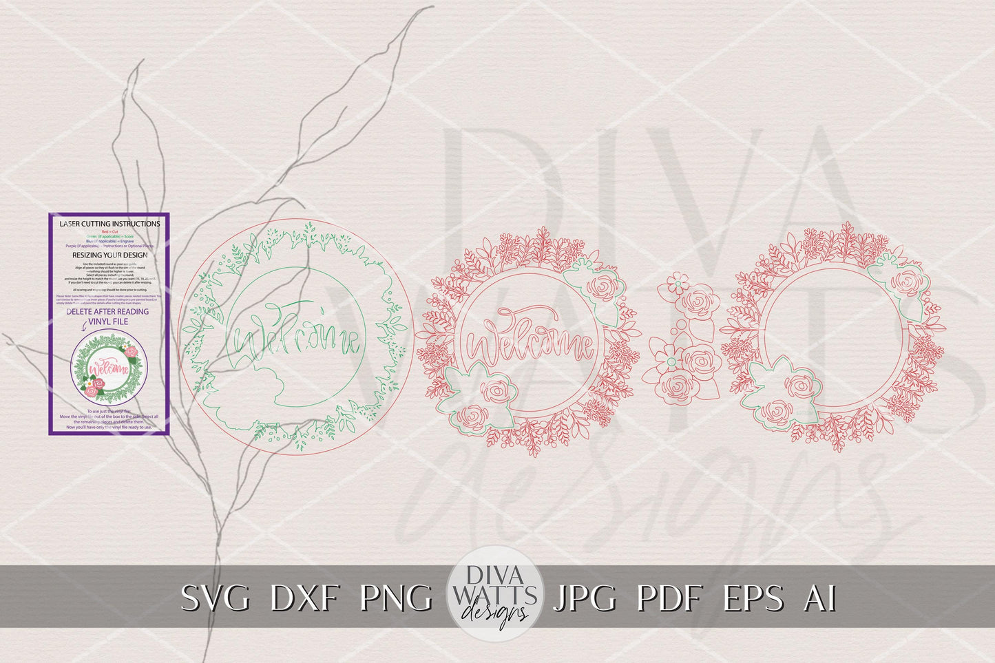 Welcome Floral Round Door Hanger SVG | Spring Welcome Sign Laser Cut File | Farmhouse Porch Decor SVG for Glowforge xTool OMTech