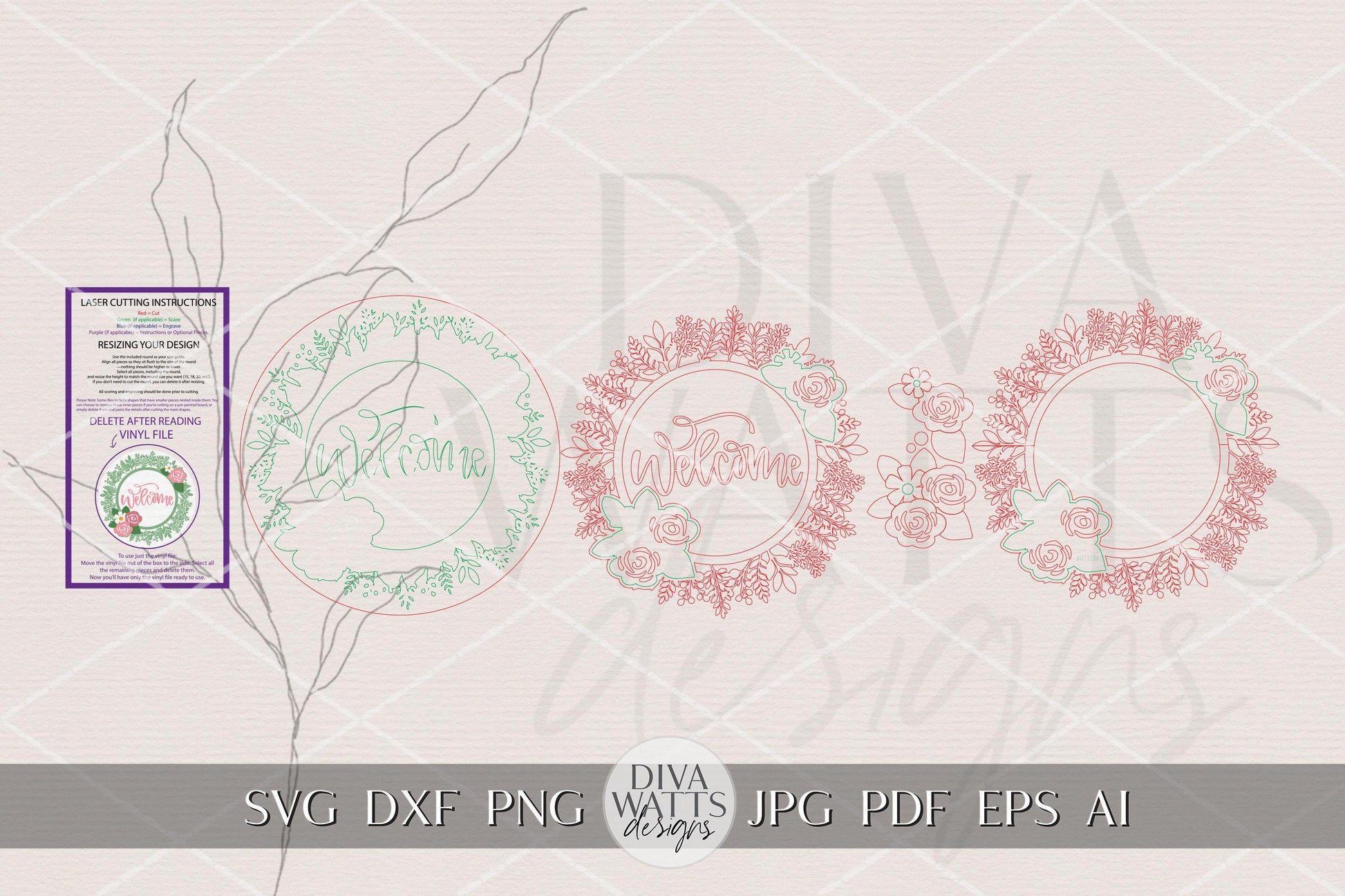 Welcome Floral Round Door Hanger SVG | Spring Welcome Sign Laser Cut File | Farmhouse Porch Decor SVG for Glowforge xTool OMTech
