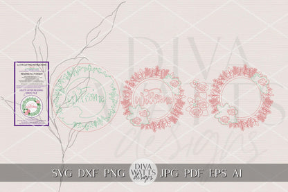 Welcome Floral Round Door Hanger SVG | Spring Welcome Sign Laser Cut File | Farmhouse Porch Decor SVG for Glowforge xTool OMTech