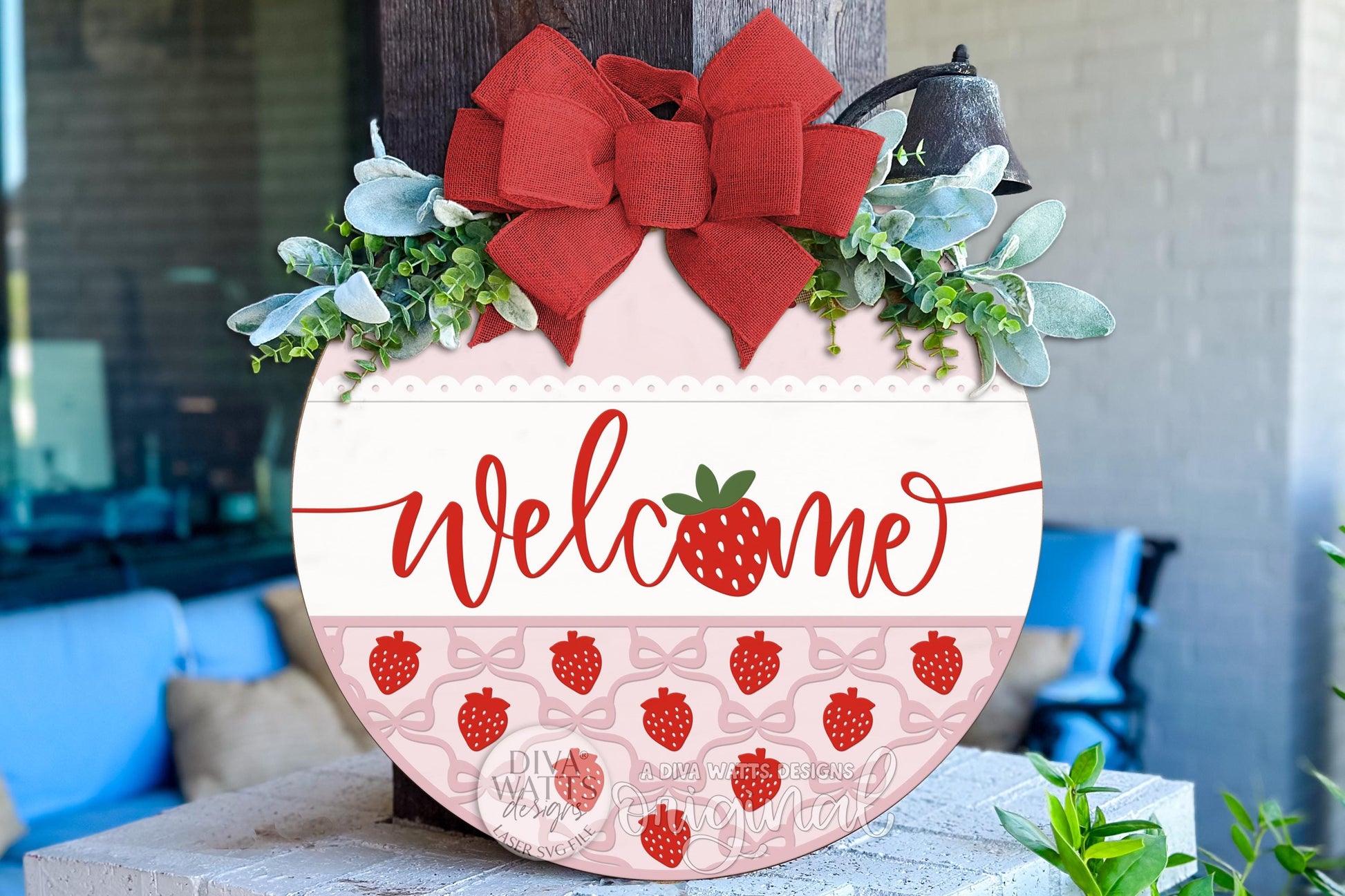 Strawberry Welcome Round Door Hanger SVG for Laser Cutters, Bow Door Sign with Coquette Style, Summer Porch Decor, Layered DIY Laser File