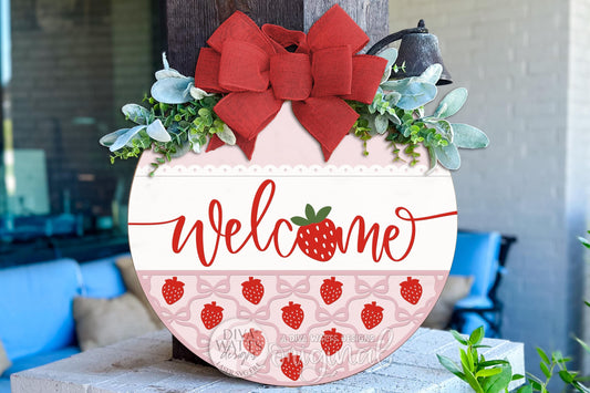 Strawberry Welcome Round Door Hanger SVG for Laser Cutters, Bow Door Sign with Coquette Style, Summer Porch Decor, Layered DIY Laser File