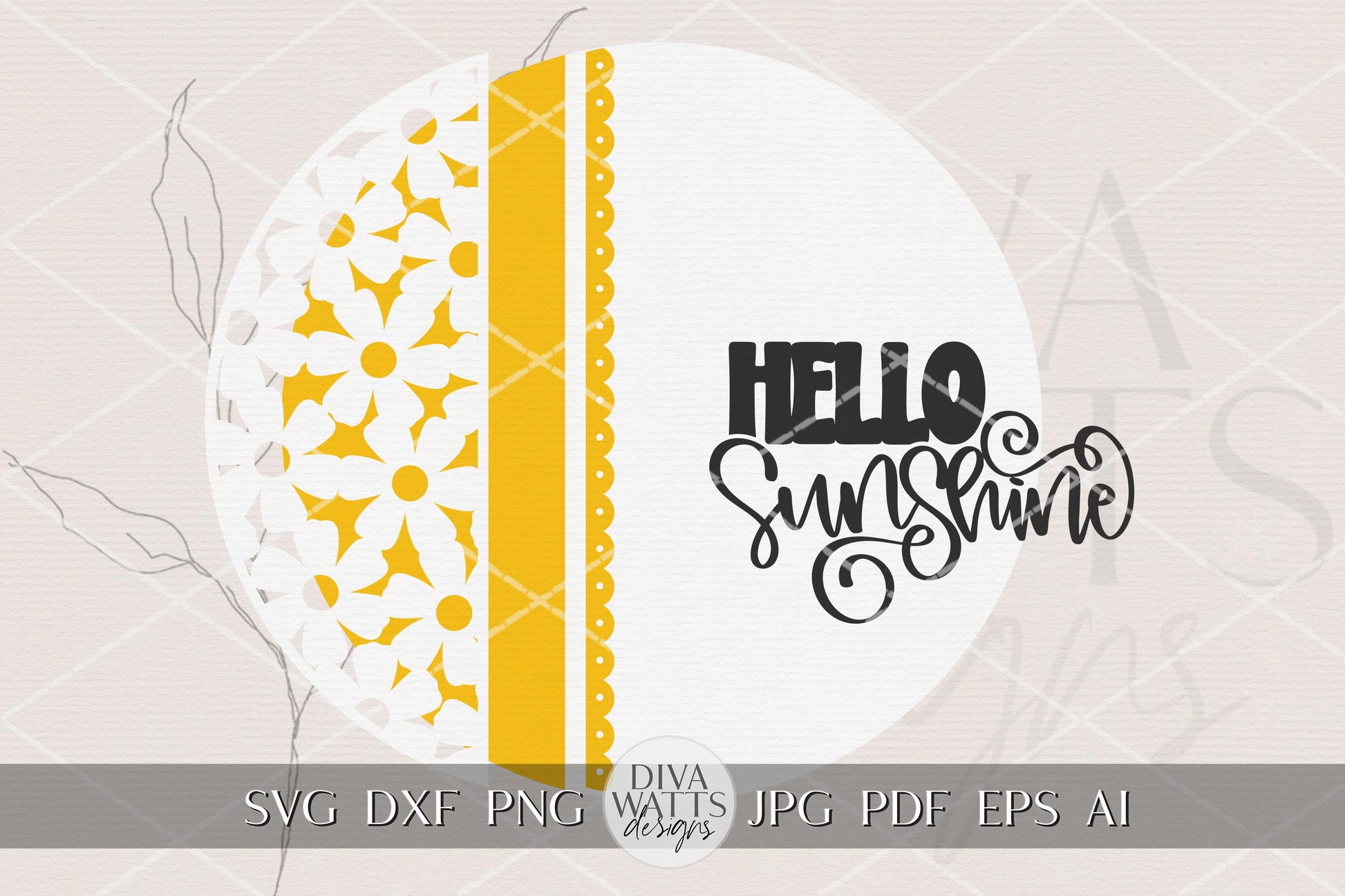 Hello Sunshine Round Door Hanger SVG Laser Cut File, Floral Summer Welcome Sign Digital Download for Porch Decor, DIY Round Sign for