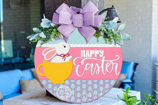 Happy Easter Bunny Door Hanger SVG, Easter Round Door Sign Laser Cut File, Bunny in Cup Spring Porch Decor DIY Glowforge File