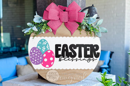 Easter Blessings Door Hanger SVG, Christian Easter Round Door Sign Laser Cut File, Religious Spring Porch Decor DIY SVG