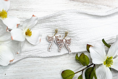 Laser Cut Bow Earrings SVG File, Floral Cottagecore Coquette Dangle Earrings Laser Design for Wood Jewelry, Lightweight Bow Earring SVG
