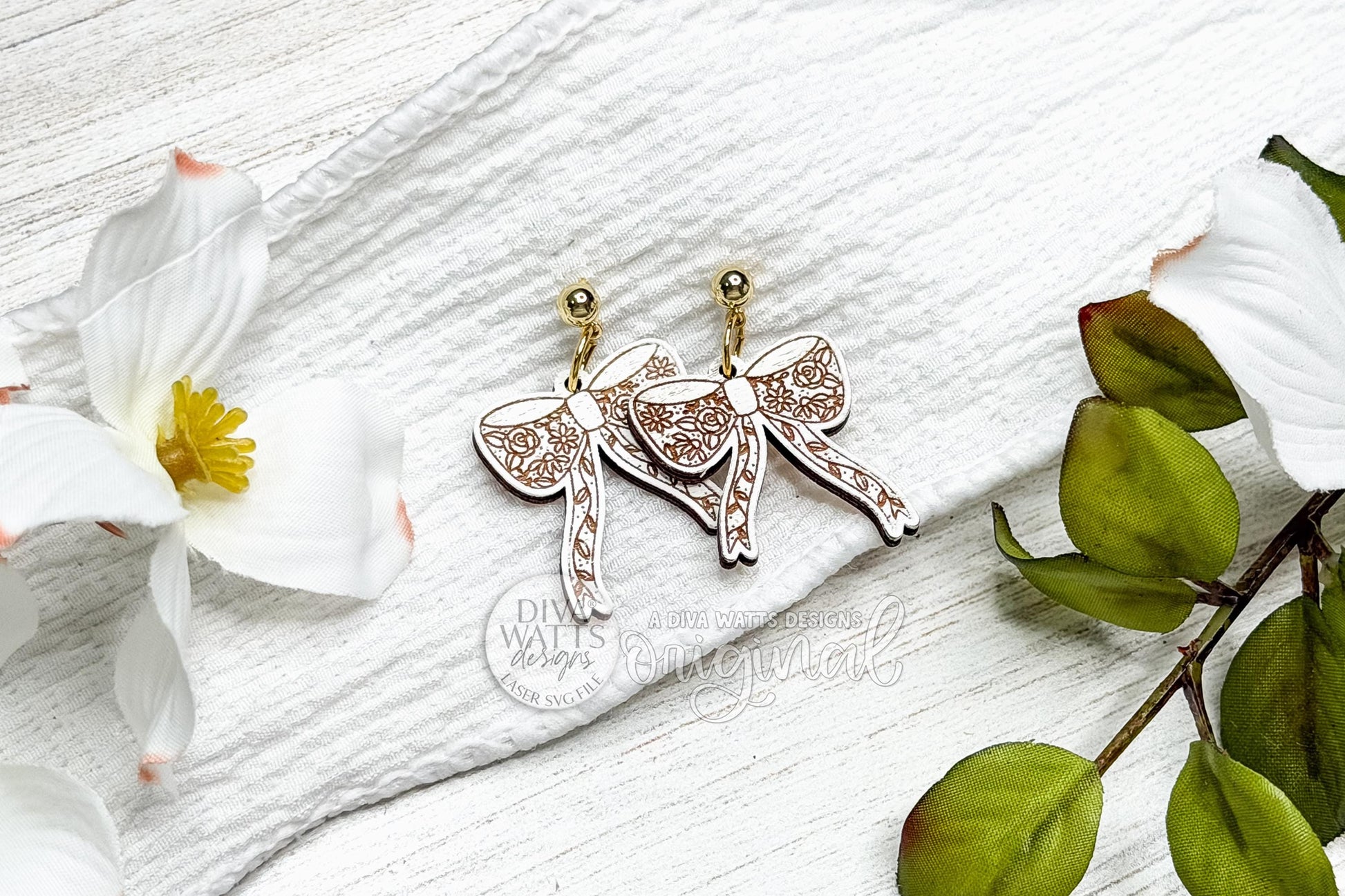 Laser Cut Bow Earrings SVG File, Floral Cottagecore Coquette Dangle Earrings Laser Design for Wood Jewelry, Lightweight Bow Earring SVG
