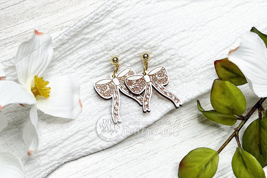 Laser Cut Bow Earrings SVG File, Floral Cottagecore Coquette Dangle Earrings Laser Design for Wood Jewelry, Lightweight Bow Earring SVG
