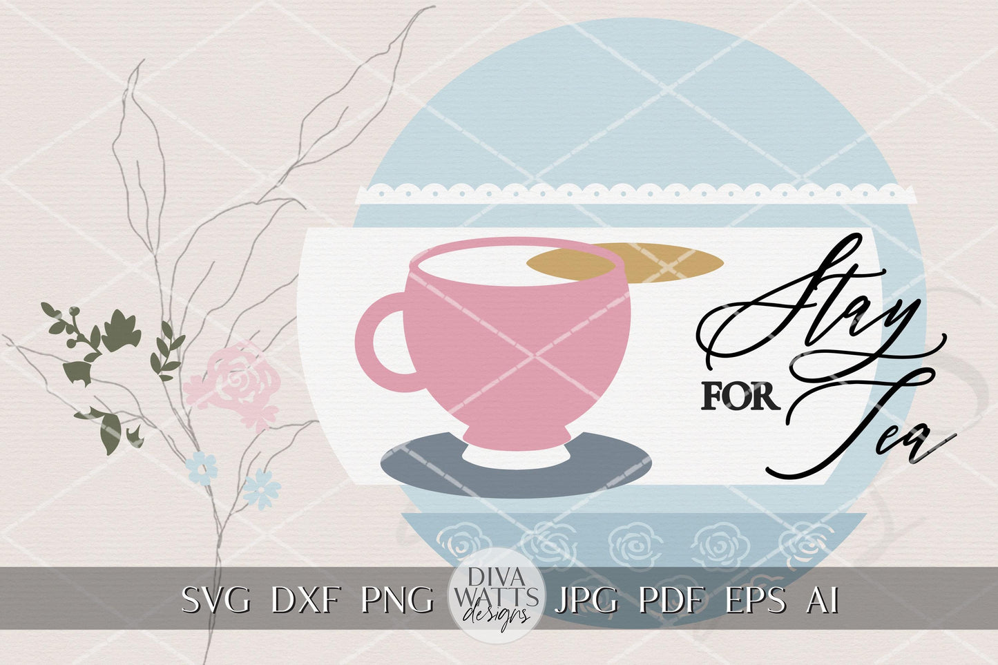 English Garden Tea Party Round Door Hanger SVG for Laser Cutters, Elegant Floral Teacup Spring Porch Sign Digital File