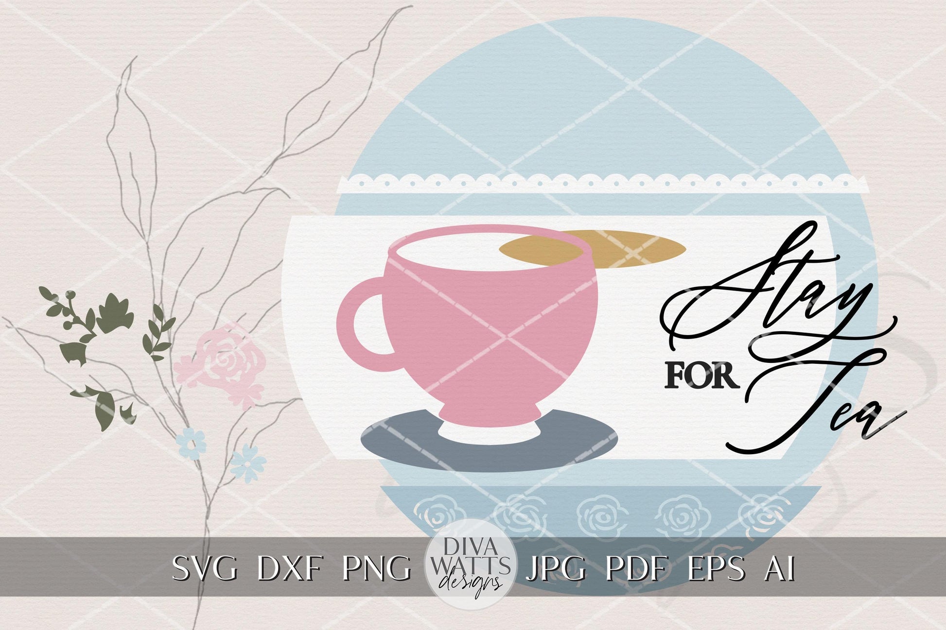English Garden Tea Party Round Door Hanger SVG for Laser Cutters, Elegant Floral Teacup Spring Porch Sign Digital File