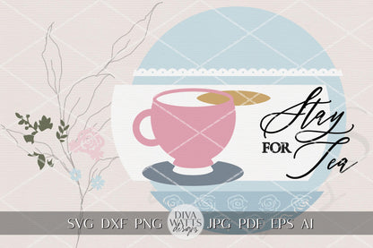 English Garden Tea Party Round Door Hanger SVG for Laser Cutters, Elegant Floral Teacup Spring Porch Sign Digital File