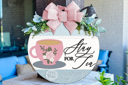 English Garden Tea Party Round Door Hanger SVG for Laser Cutters, Elegant Floral Teacup Spring Porch Sign Digital File