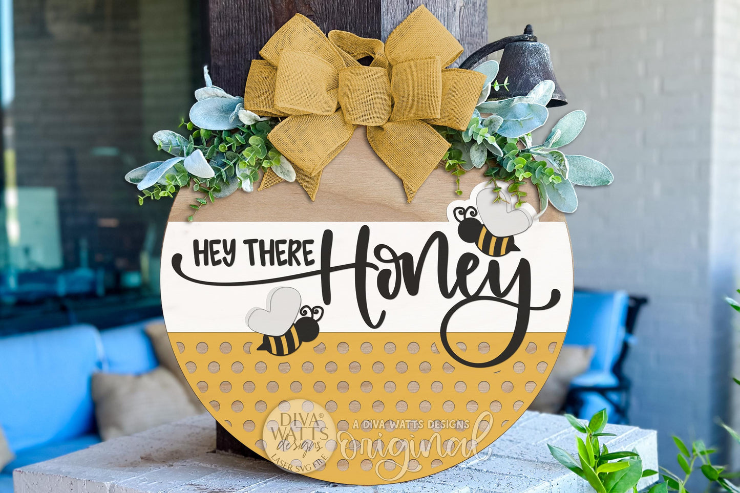 Digital SVG file for a round bee-themed door hanger with “Hey There Honey” text, designed for laser cutting and instant download. This laser cut design is shown as a finished porch sign example, but you receive a digital file only to create your own DIY round door hanger. Perfect for spring porch décor, summer signs, craft fair projects, and customizable laser cut door signs using Glowforge, xTool, or similar machines.