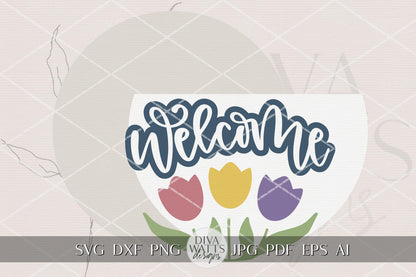 Welcome Tulip Round Door Hanger SVG Laser Cut File | Spring Welcome Sign Digital Download for DIY Porch Decor Glowforge xTool