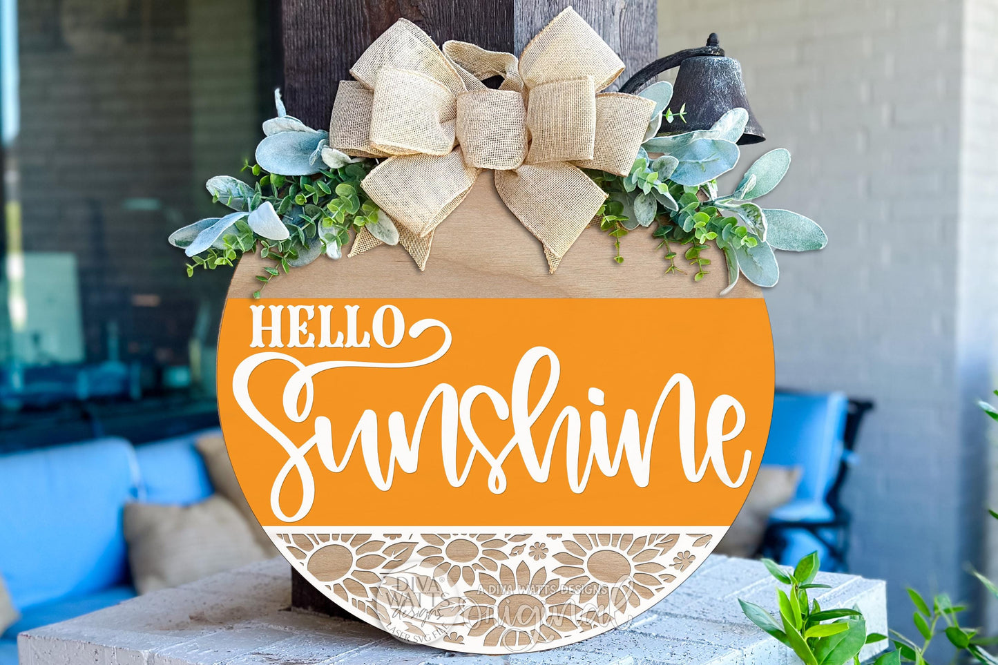 Digital SVG file instant download of a Hello Sunshine round door hanger laser cut design with sunflower cutout detail. This digital laser cut file allows you to create your own summer porch décor, DIY round sign, or seasonal door hanger using a laser machine.