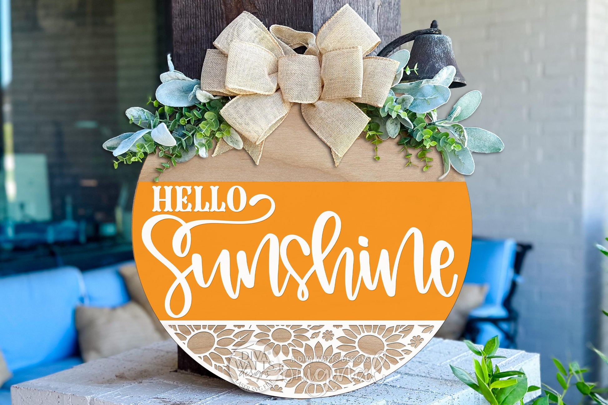 Digital SVG file instant download of a Hello Sunshine round door hanger laser cut design with sunflower cutout detail. This digital laser cut file allows you to create your own summer porch décor, DIY round sign, or seasonal door hanger using a laser machine.