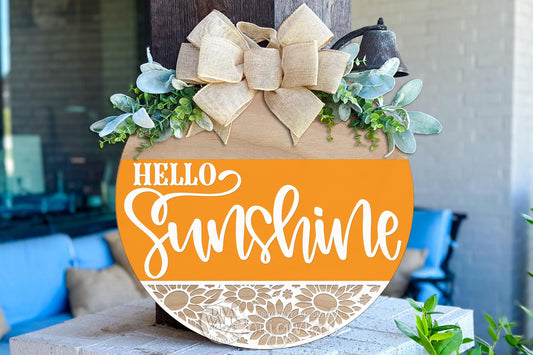 Digital SVG file instant download of a Hello Sunshine round door hanger laser cut design with sunflower cutout detail. This digital laser cut file allows you to create your own summer porch décor, DIY round sign, or seasonal door hanger using a laser machine.