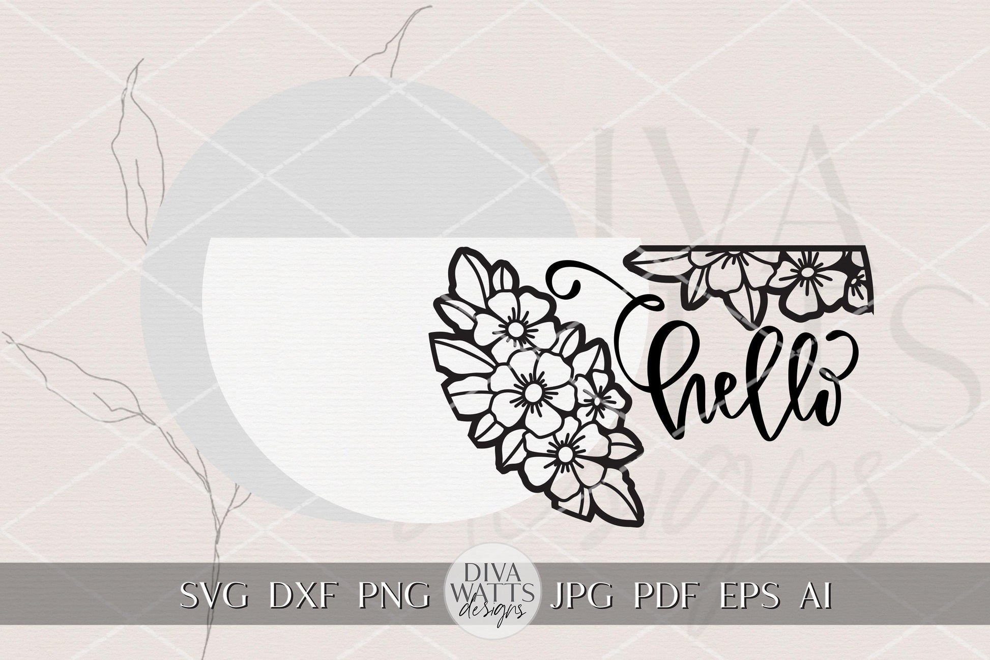 Floral Round Door Hanger SVG Hello Sign Split Design Laser Cut File for Front Door Porch Decor DIY Welcome Sign Glowforge