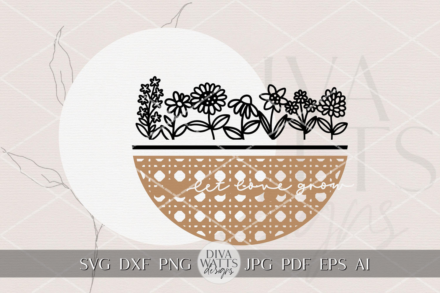 Let Love Grow Round Door Hanger SVG for Laser Cutting, Floral Garden Sign Digital File, Spring Porch Decor DIY Laser Cut File