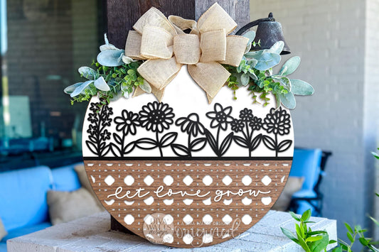 Digital SVG file of a round floral door hanger design with layered flowers and the phrase “Let Love Grow.” This is an instant download laser cut design intended for DIY porch décor and entryway signs. The digital file allows makers to cut, paint, and assemble their own round door hanger using a laser machine. SVG, DXF, PNG, EPS, PDF, JPG, and AI files included for flexible crafting and seasonal home décor projects.