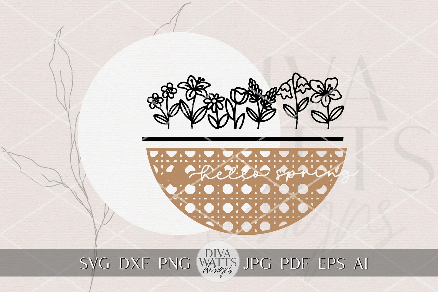 Hello Spring Round Door Hanger SVG for Laser Cutting, Floral Garden Sign Digital File, Spring Porch Decor DIY Laser Cut File
