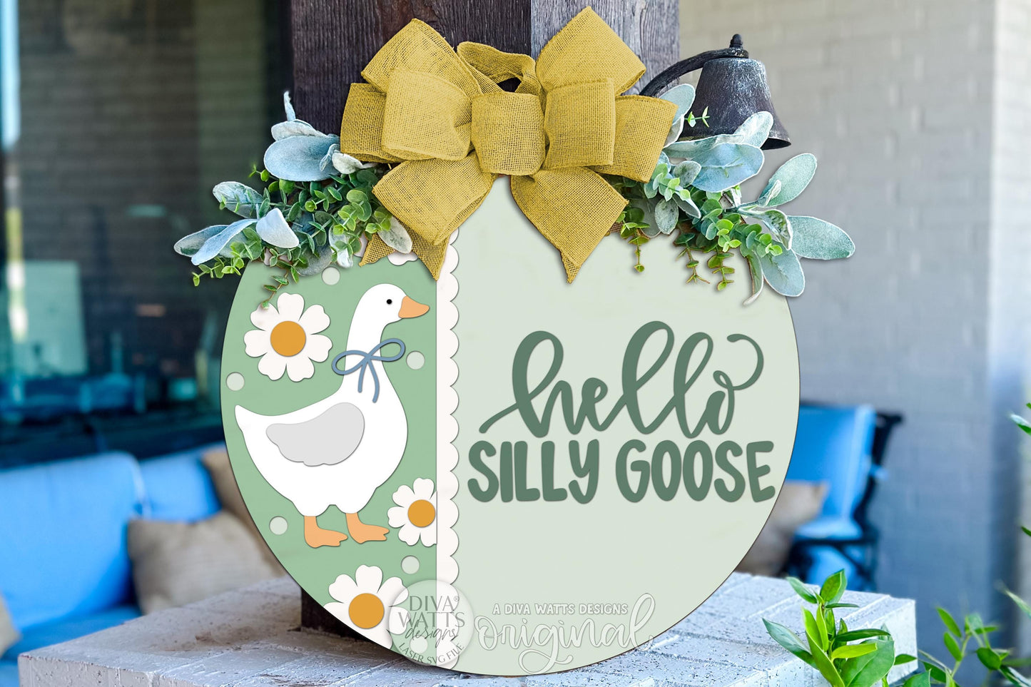 Digital SVG file of a round “Hello Silly Goose” door hanger design featuring a cute goose illustration with daisies and playful lettering. This instant download laser cut design is intended for DIY spring and Easter porch décor and farmhouse-style entryway signs. Buyers can create their own round door hanger using a laser machine and customize colors as desired. Includes SVG, DXF, PNG, EPS, JPG, PDF, and AI files for flexible crafting.